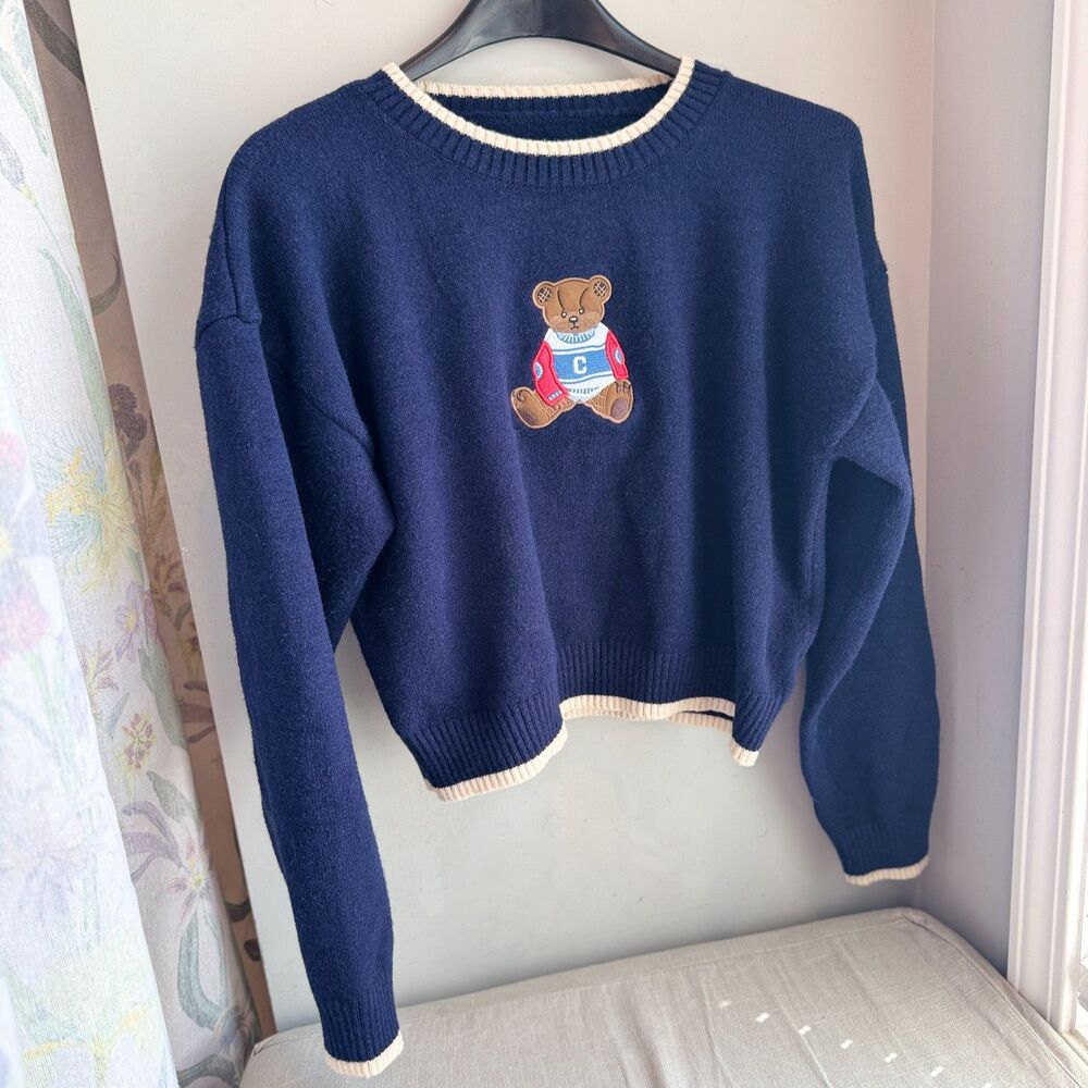 Cider Womens L Navy Blue Bear Sweater 100% Viscose Twee Cottagecore Fall